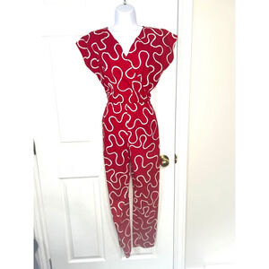 Vintage 80s Women's Cotton Rose Red White faux wrap Jumpsuit Size s